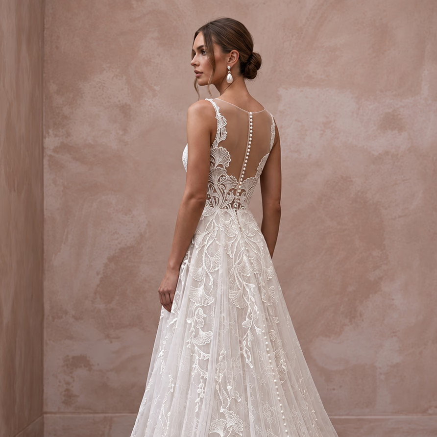 Custom Size Lace Wedding Dress with A-Line Silhouette
