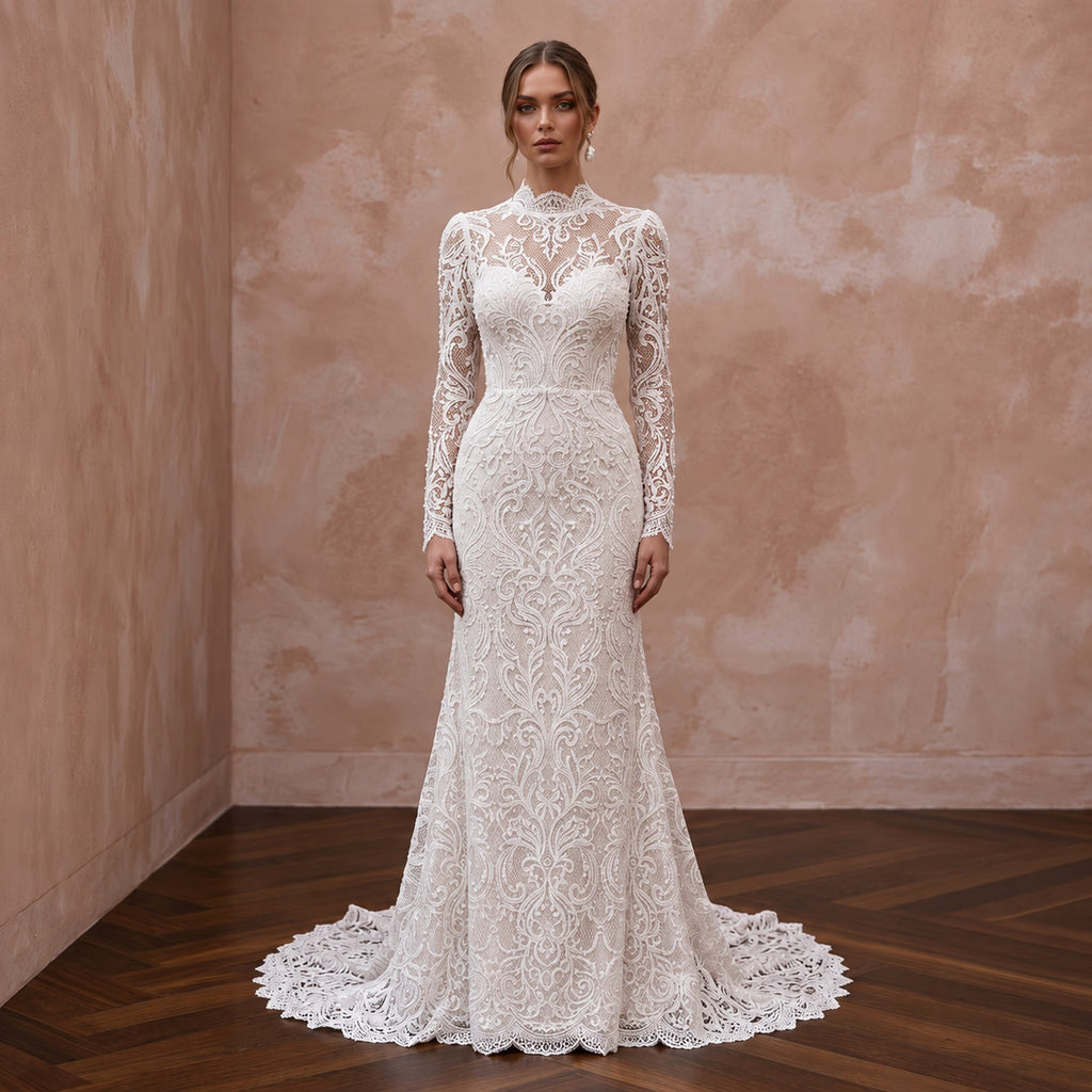 Custom Size Modest Lace Wedding Dress with Long Sleeves
