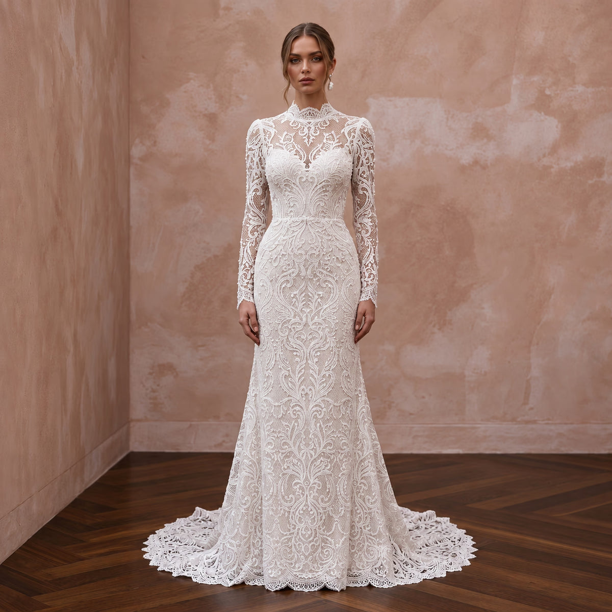 Custom Size Modest Lace Wedding Dress with Long Sleeves