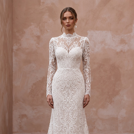 Custom Size Modest Lace Wedding Dress with Long Sleeves