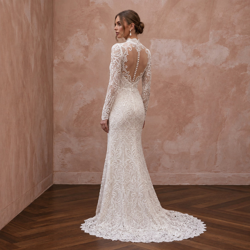 Custom Size Modest Lace Wedding Dress with Long Sleeves