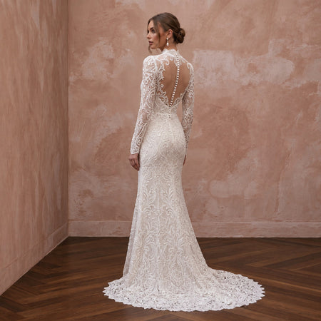 Custom Size Modest Lace Wedding Dress with Long Sleeves
