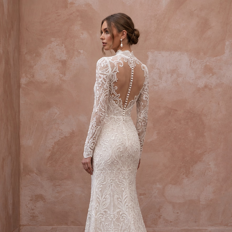 Custom Size Modest Lace Wedding Dress with Long Sleeves