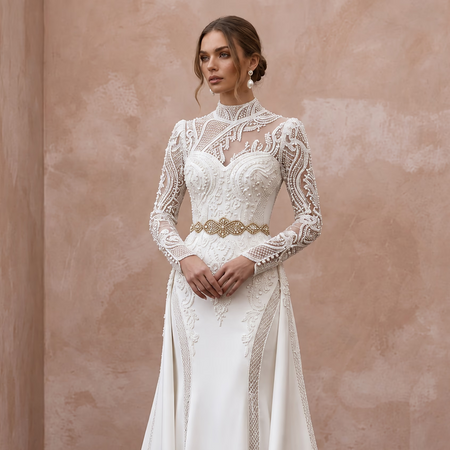 Custom Size Muslim Bridal Gown with Long Sleeves