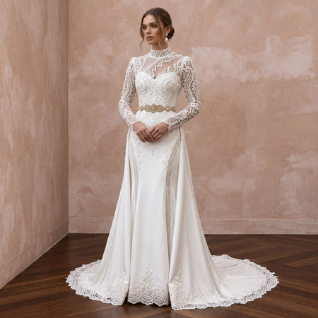 Custom Size Muslim Bridal Gown with Long Sleeves