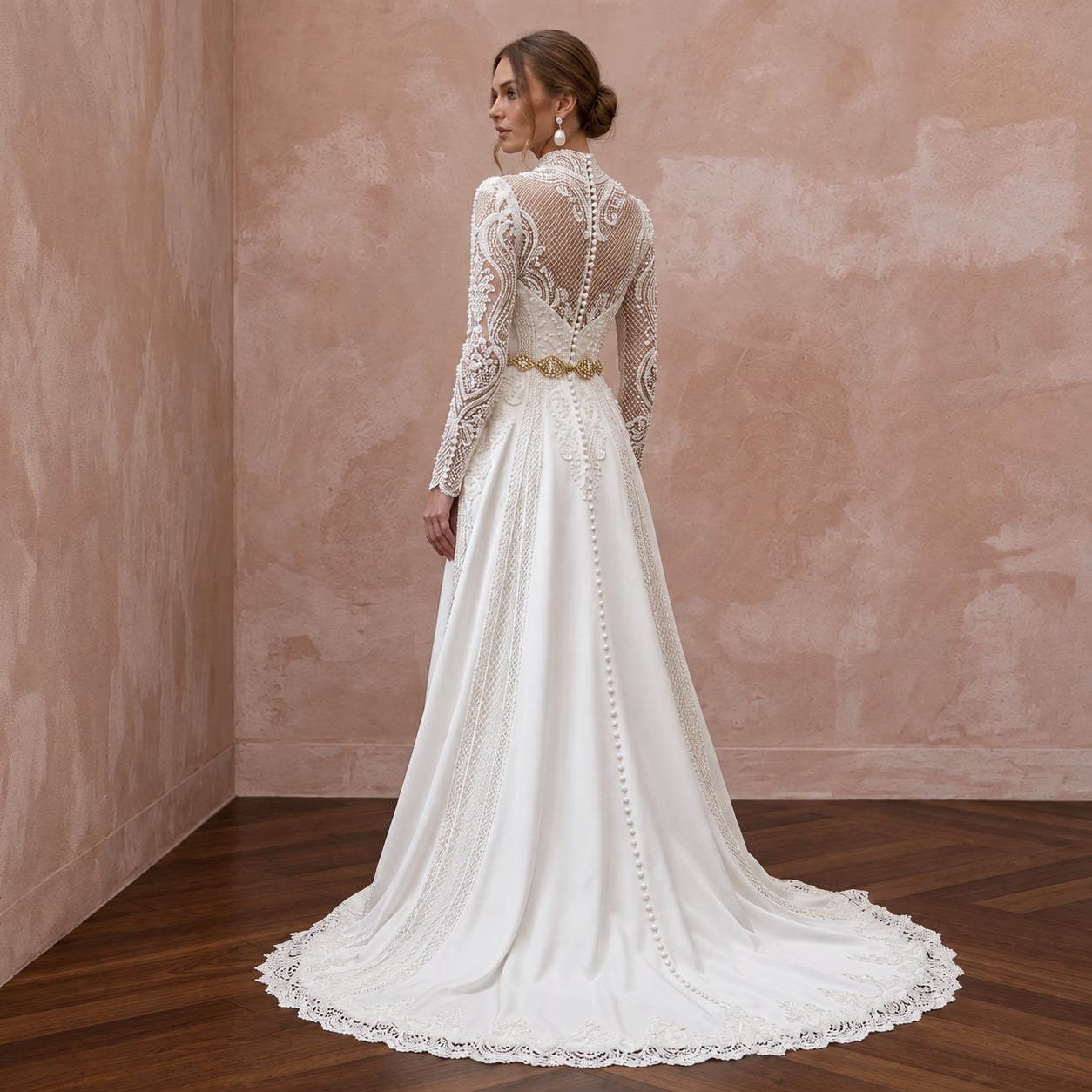 Custom Size Muslim Bridal Gown with Long Sleeves Secondary image
