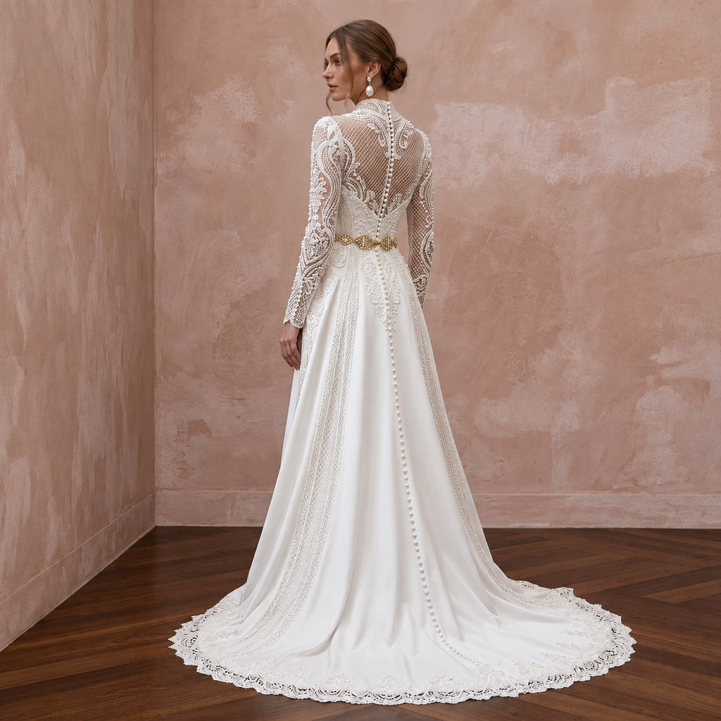 Custom Size Muslim Bridal Gown with Long Sleeves