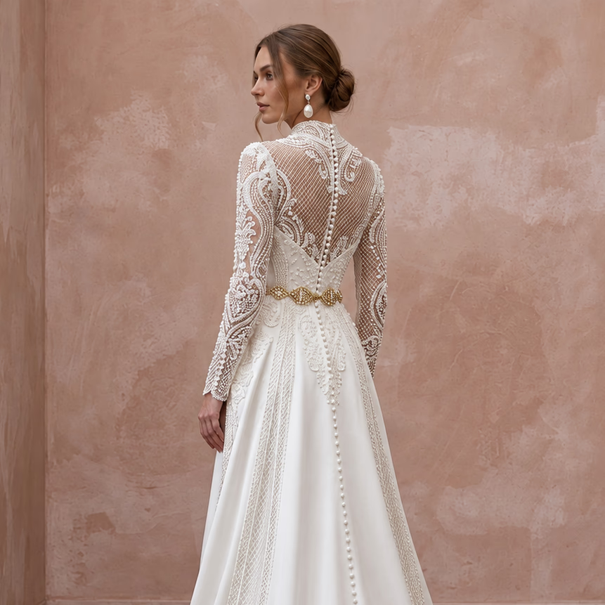 Custom Size Muslim Bridal Gown with Long Sleeves