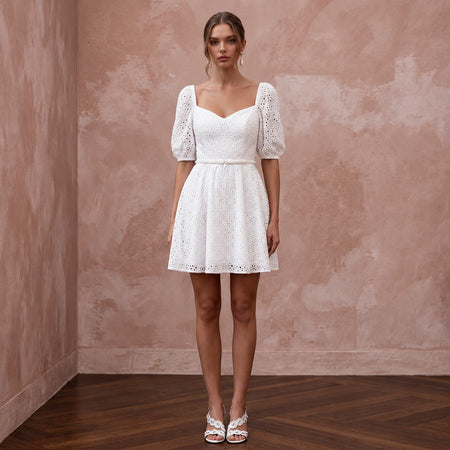 Cute Diamond White Eyelet Cotton Mini Wedding Dress for Picnic Reception