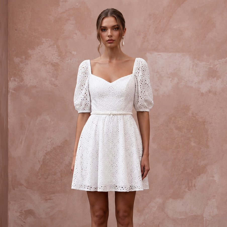 Cute Diamond White Eyelet Cotton Mini Wedding Dress for Picnic Reception