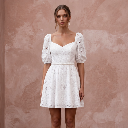 Cute Diamond White Eyelet Cotton Mini Wedding Dress for Picnic Reception
