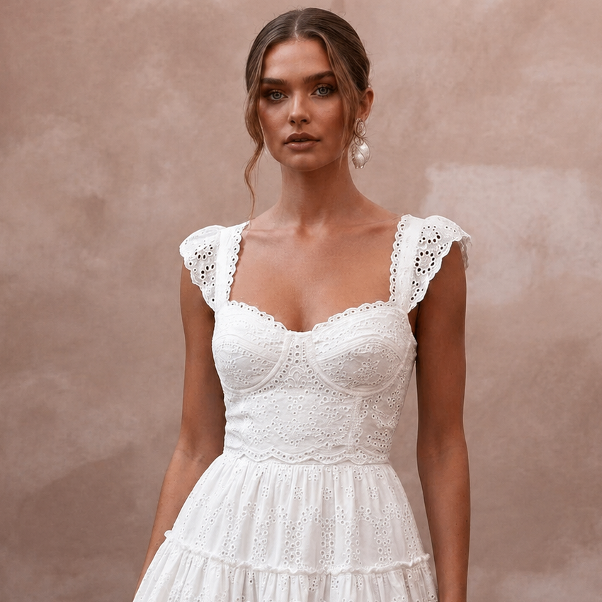 Cute Diamond White Eyelet Cotton Mini for Picnic Reception