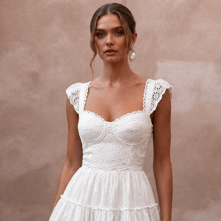 Cute Diamond White Eyelet Cotton Mini for Picnic Reception