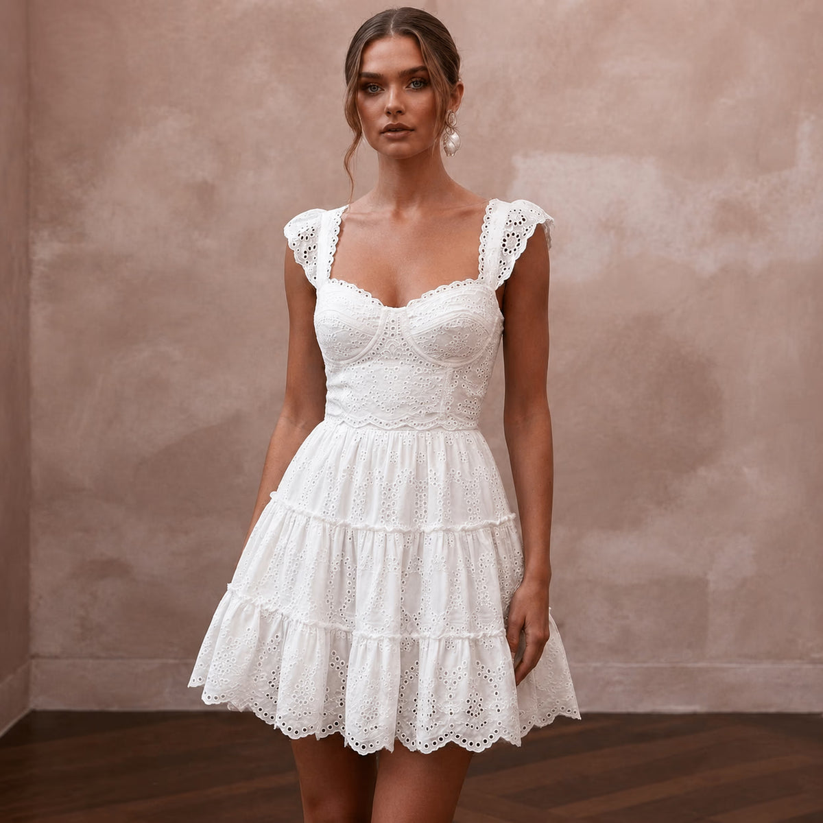 Cute Diamond White Eyelet Cotton Mini for Picnic Reception - Apparel & Accessories > Clothing > Wedding & Bridal Party Dresses > Wedding Dresses - Mignonette Bridal