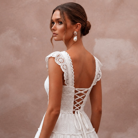 Cute Diamond White Eyelet Cotton Mini for Picnic Reception - Apparel & Accessories > Clothing > Wedding & Bridal Party Dresses > Wedding Dresses - Mignonette Bridal