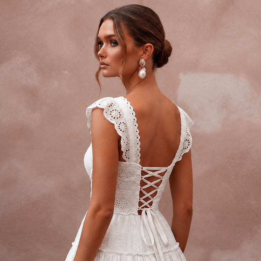 Cute Diamond White Eyelet Cotton Mini for Picnic Reception