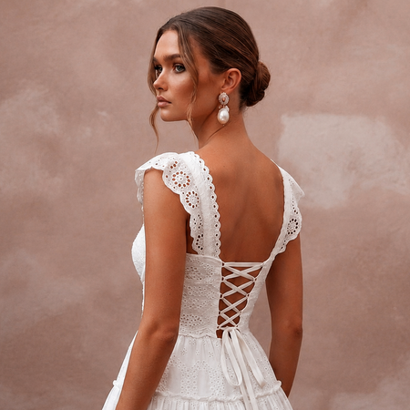 Cute Diamond White Eyelet Cotton Mini for Picnic Reception