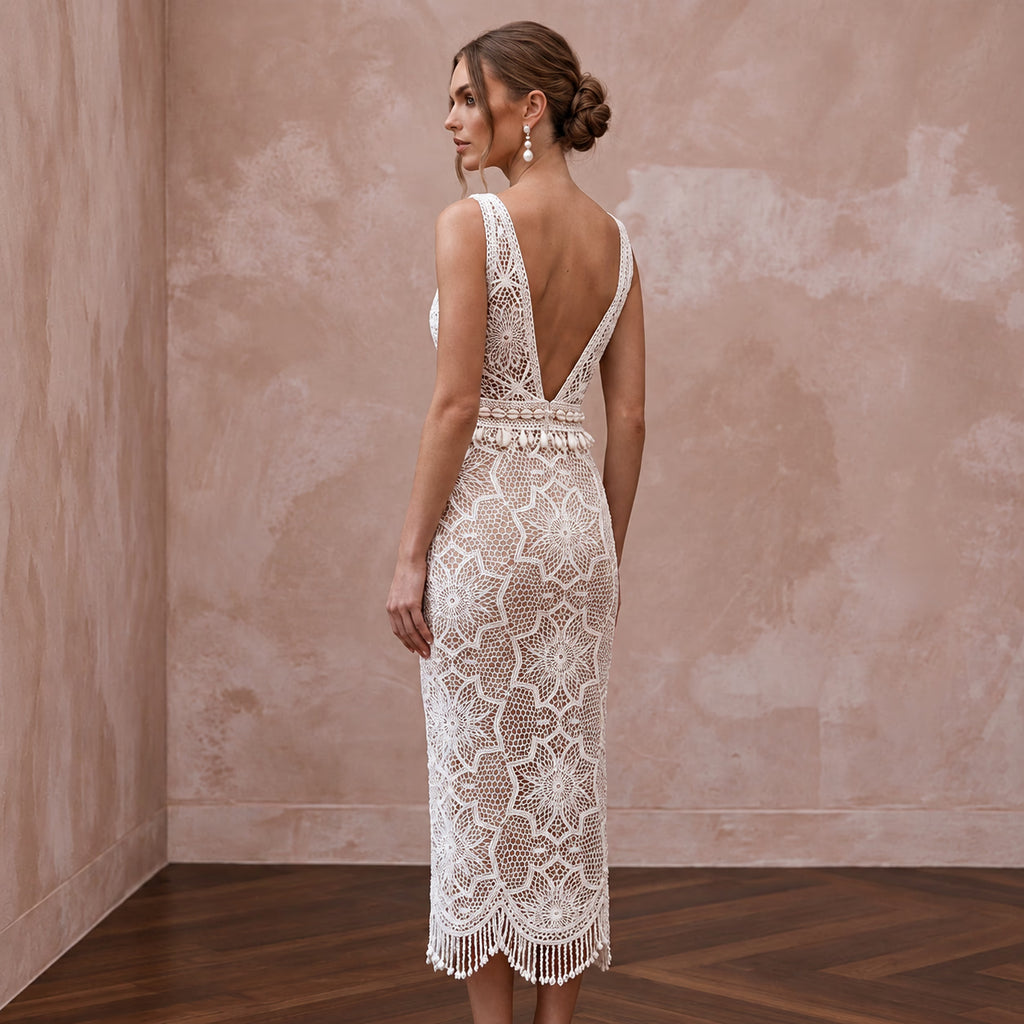 Daring White Crochet Lace Bodycon Wedding Dress for Beach Vow Renewal