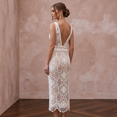 Daring White Crochet Lace Bodycon Wedding Dress for Beach Vow Renewal