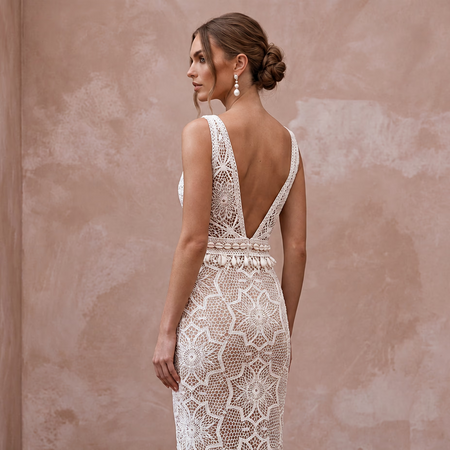 Daring White Crochet Lace Bodycon Wedding Dress for Beach Vow Renewal