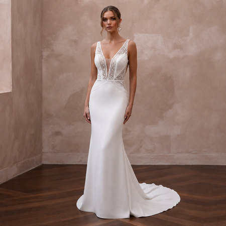 Daring White Stretch Crepe Mermaid Wedding Dress for Surprise Wedding Exit