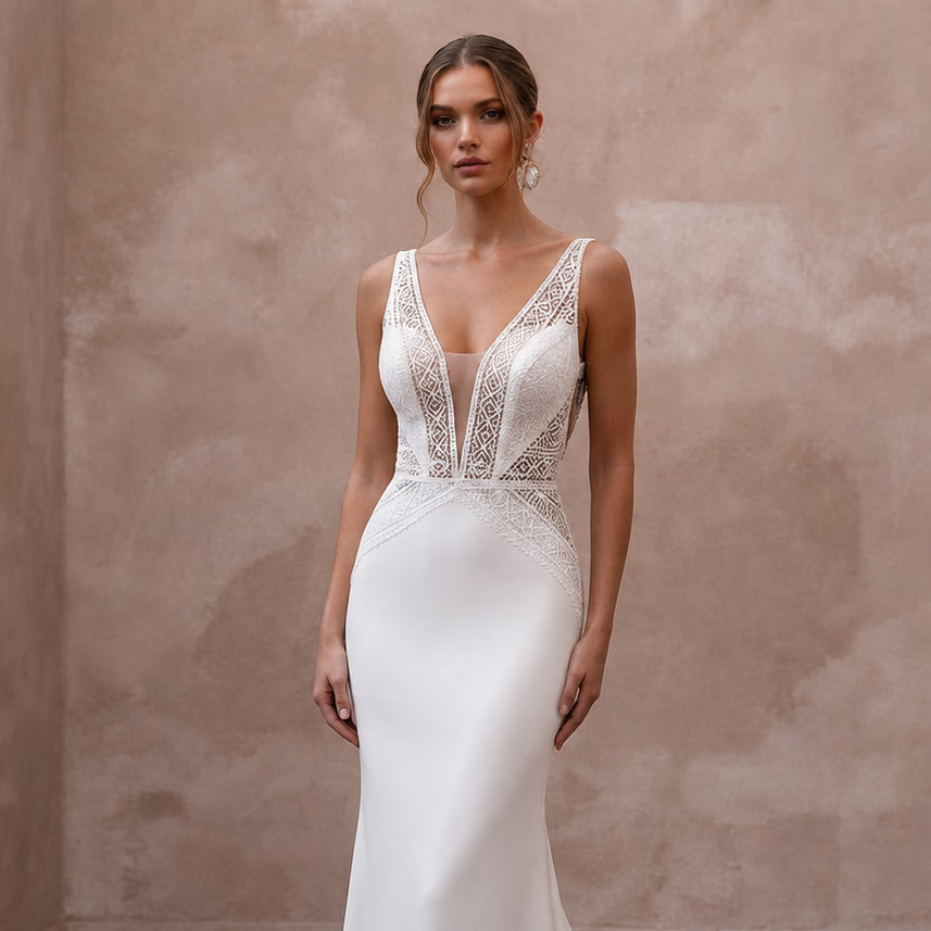 Daring White Stretch Crepe Mermaid Wedding Dress for Surprise Wedding Exit - Apparel & Accessories > Clothing > Wedding & Bridal Party Dresses > Wedding Dresses - Mignonette Bridal