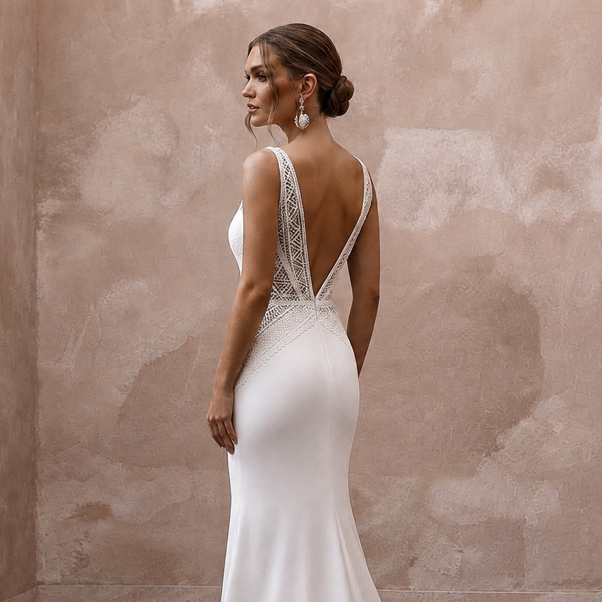 Daring White Stretch Crepe Mermaid Wedding Dress for Surprise Wedding Exit