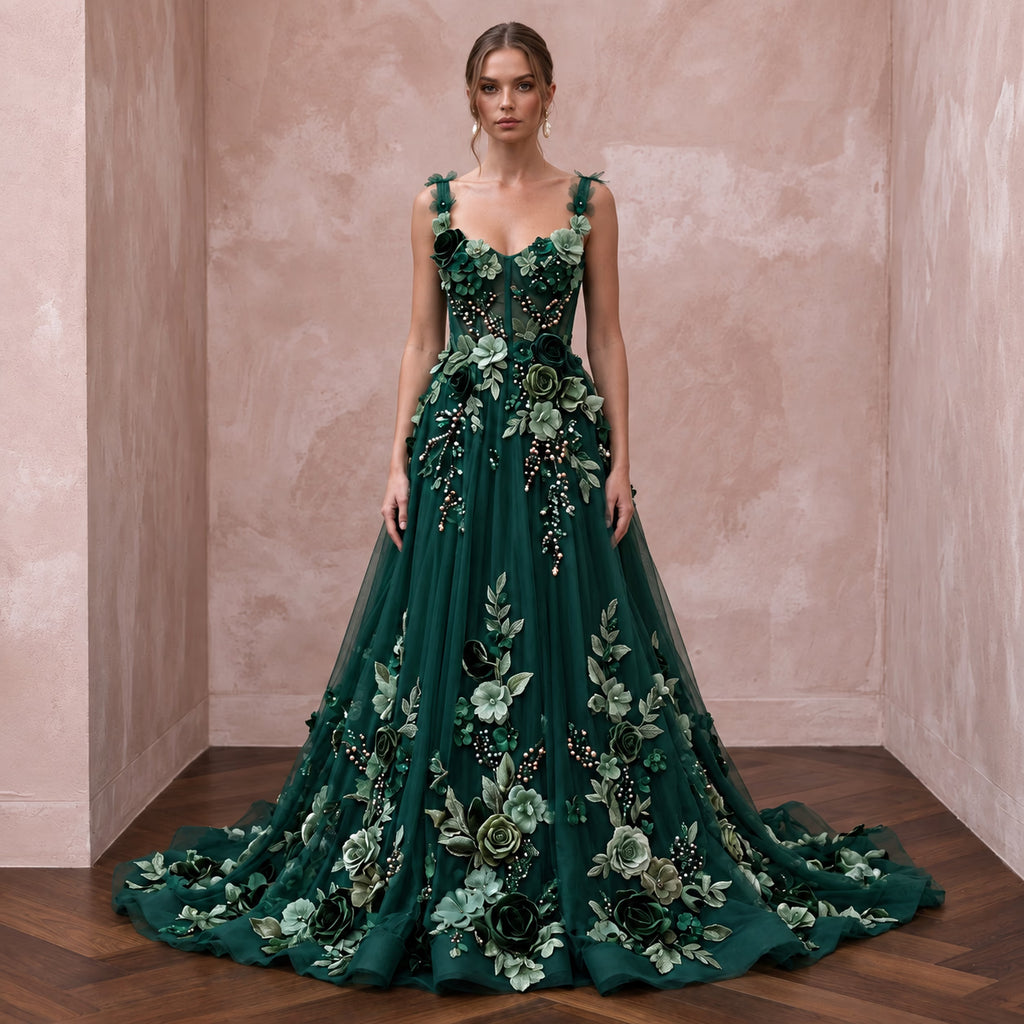 Dark Green 3D Floral Applique Tulle A - Line Prom Dress - Apparel & Accessories > Clothing > Wedding & Bridal Party Dresses > Wedding Dresses - Mignonette Bridal