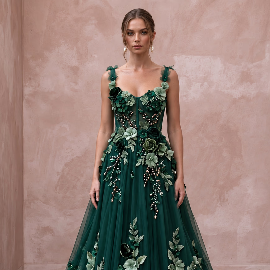 Dark Green 3D Floral Applique Tulle A - Line Prom Dress - Apparel & Accessories > Clothing > Wedding & Bridal Party Dresses > Wedding Dresses - Mignonette Bridal