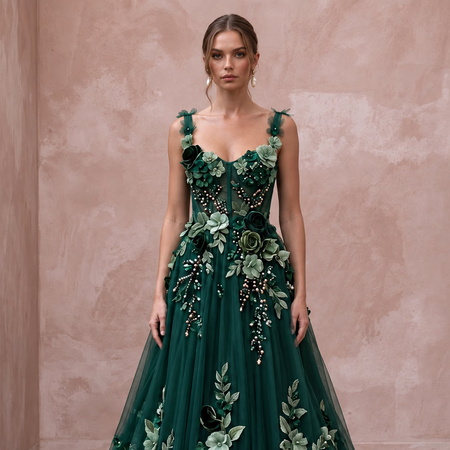 Dark Green 3D Floral Applique Tulle A - Line Prom Dress - Apparel & Accessories > Clothing > Wedding & Bridal Party Dresses > Wedding Dresses - Mignonette Bridal