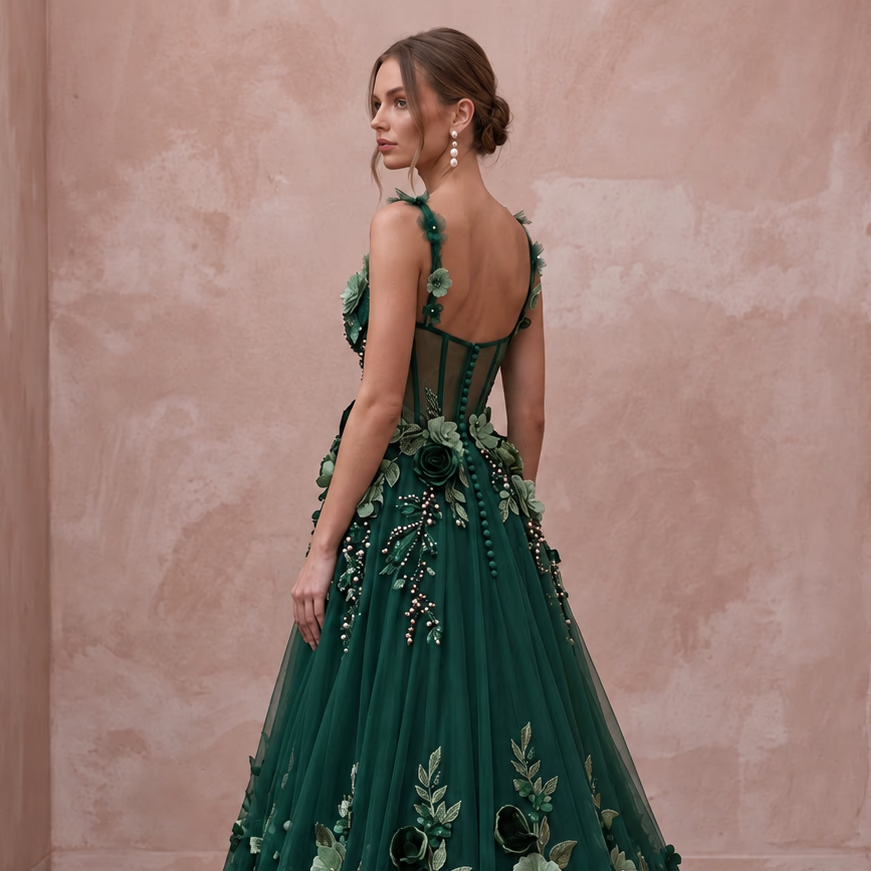 Dark Green 3D Floral Applique Tulle A - Line Prom Dress - Apparel & Accessories > Clothing > Wedding & Bridal Party Dresses > Wedding Dresses - Mignonette Bridal