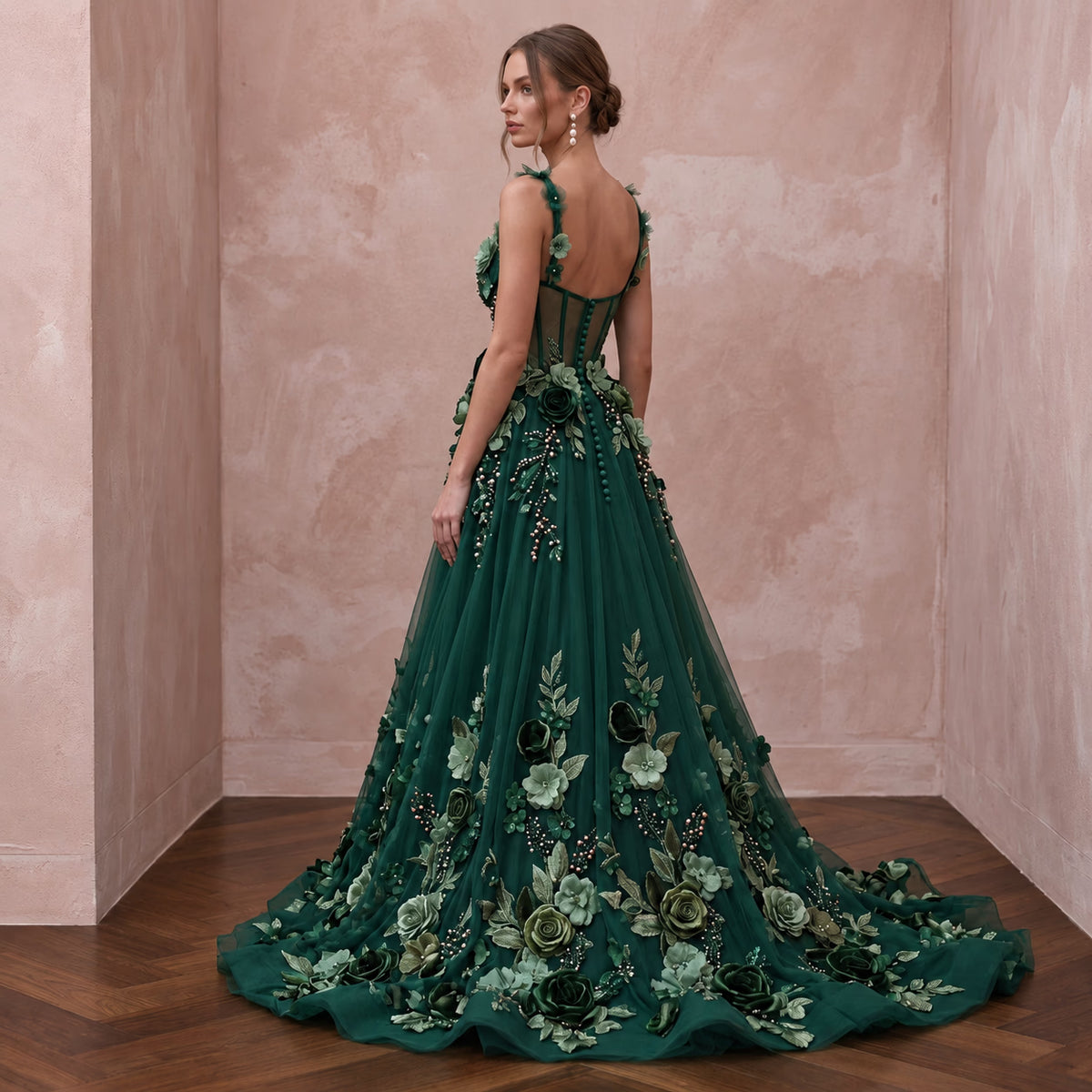 Dark Green 3D Floral Applique Tulle A - Line Prom Dress - Apparel & Accessories > Clothing > Wedding & Bridal Party Dresses > Wedding Dresses - Mignonette Bridal