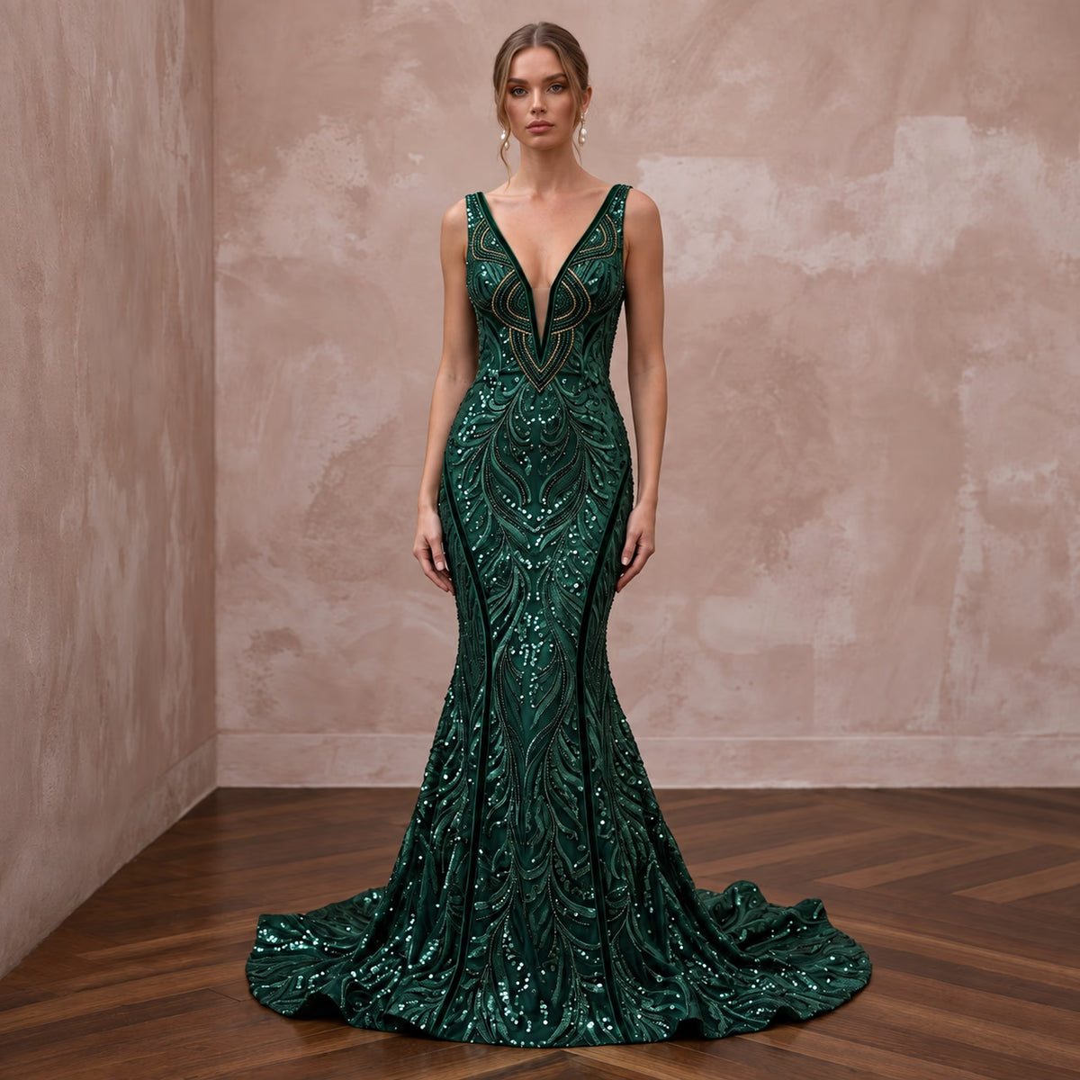 Dark Green Sequined Deep V-Neck Mermaid Gown for Red Carpet Event