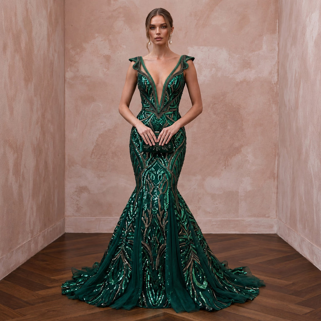 Dark Green Sequined Deep V-Neck Mermaid Gown for Red Carpet Event