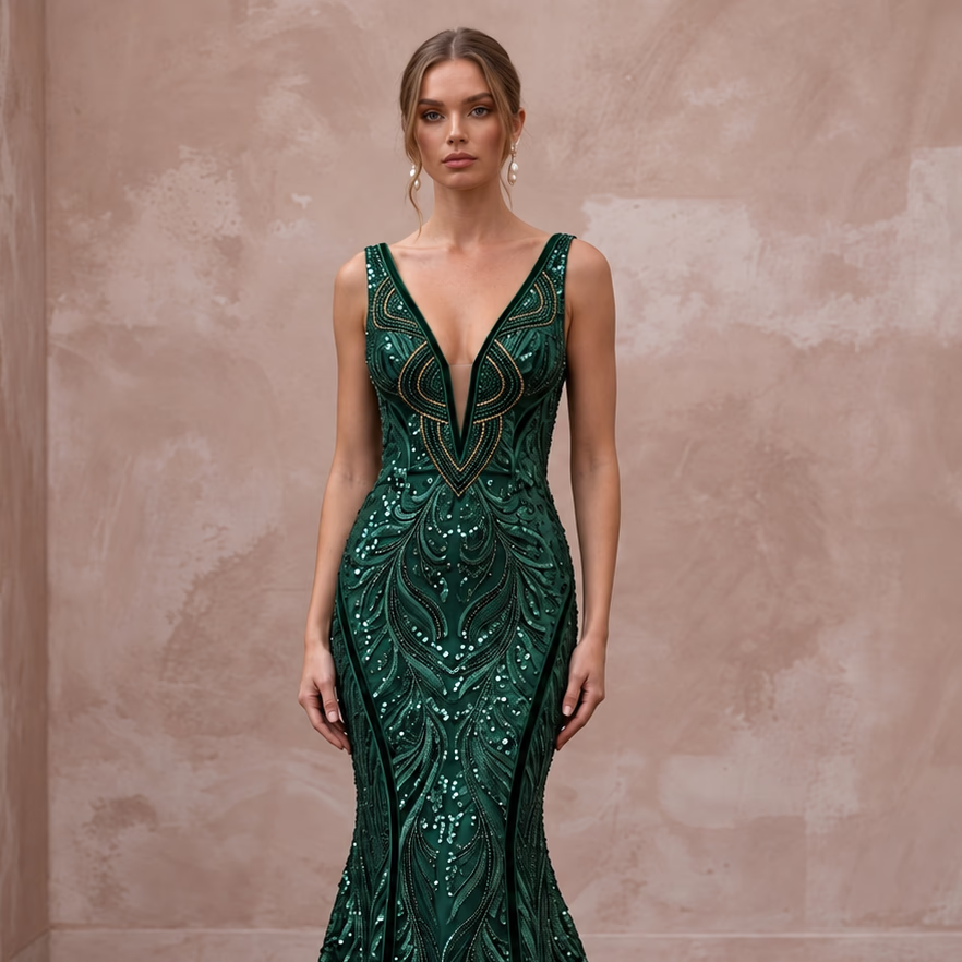 Dark Green Sequined Deep V-Neck Mermaid Gown for Red Carpet Event