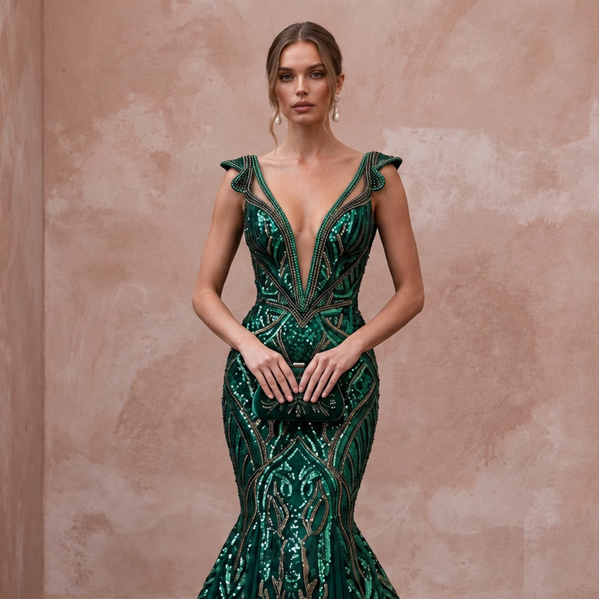 Dark Green Sequined Deep V-Neck Mermaid Gown for Red Carpet Event