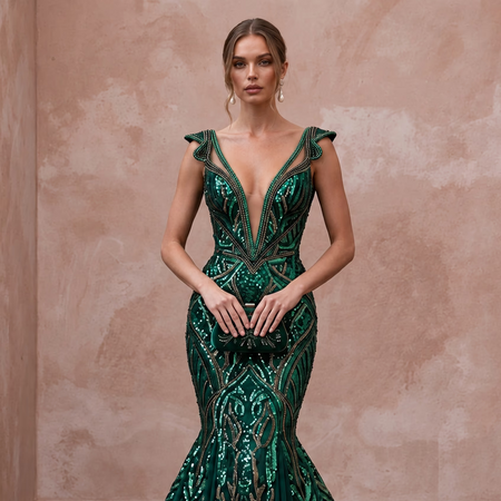 Dark Green Sequined Deep V-Neck Mermaid Gown for Red Carpet Event