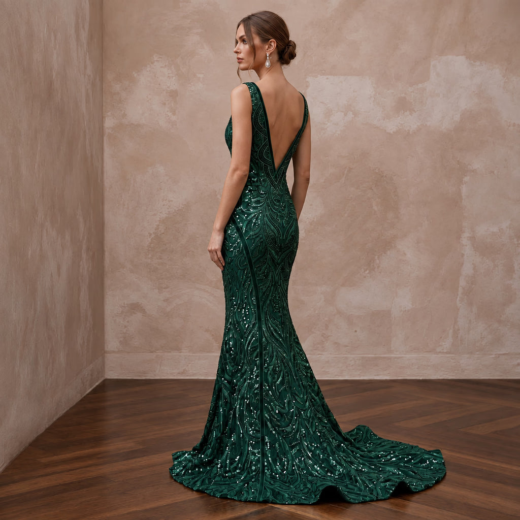 Dark Green Sequined Deep V-Neck Mermaid Gown for Red Carpet Event