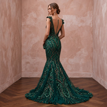 Dark Green Sequined Deep V-Neck Mermaid Gown for Red Carpet Event
