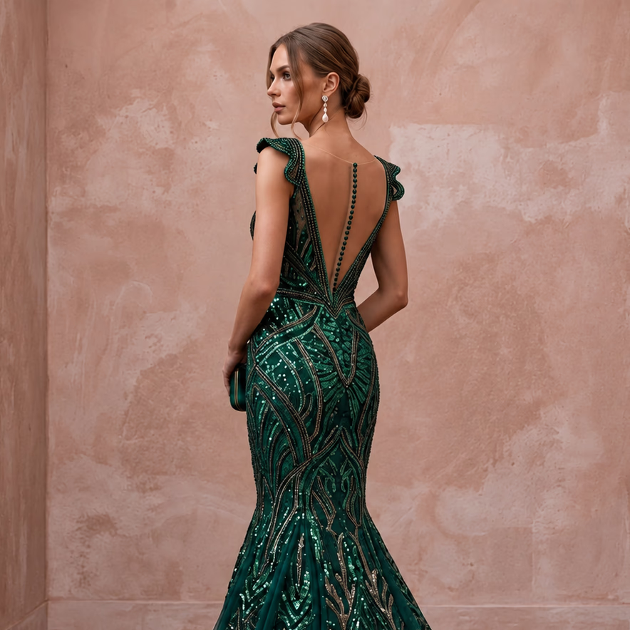 Dark Green Sequined Deep V-Neck Mermaid Gown for Red Carpet Event