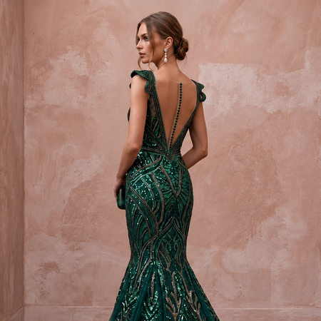 Dark Green Sequined Deep V-Neck Mermaid Gown for Red Carpet Event