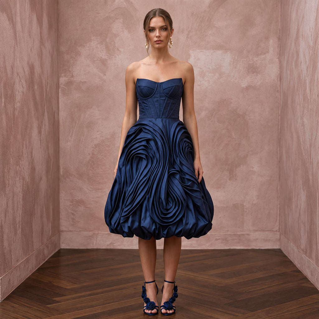 Dark Navy Taffeta Bubble Hem Strapless Cocktail Dress