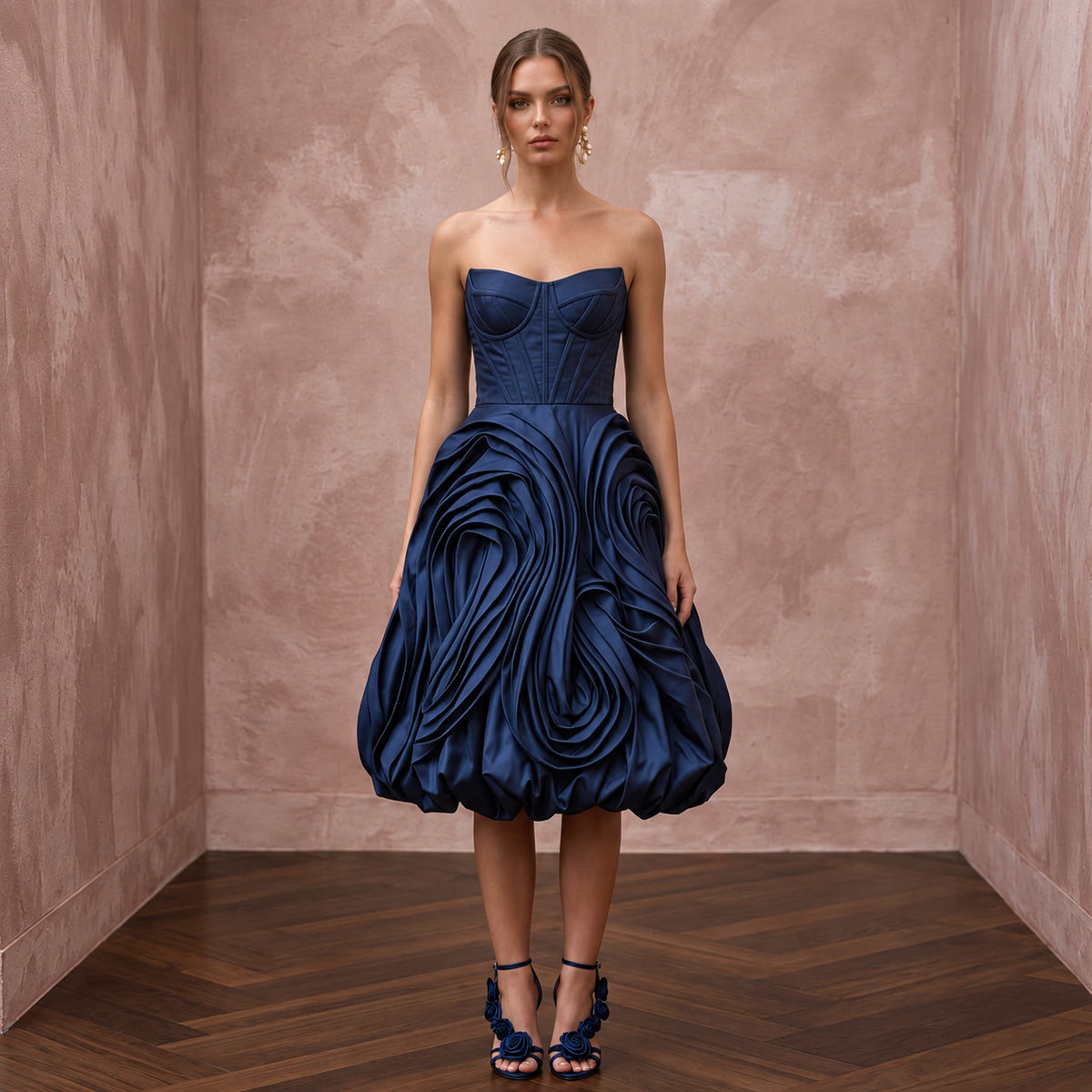 Dark Navy Taffeta Bubble Hem Strapless Cocktail Dress