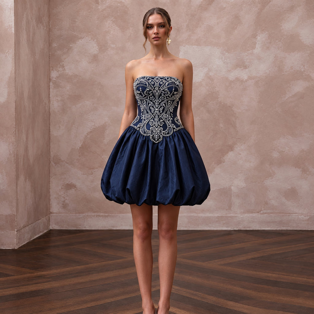 Dark Navy Taffeta Bubble Hem Strapless Cocktail Dress - Apparel & Accessories > Clothing > Wedding & Bridal Party Dresses > Wedding Dresses - Mignonette Bridal