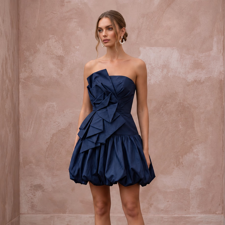 Dark Navy Taffeta Bubble Hem Strapless Cocktail Dress