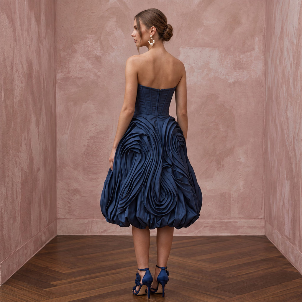 Dark Navy Taffeta Bubble Hem Strapless Cocktail Dress