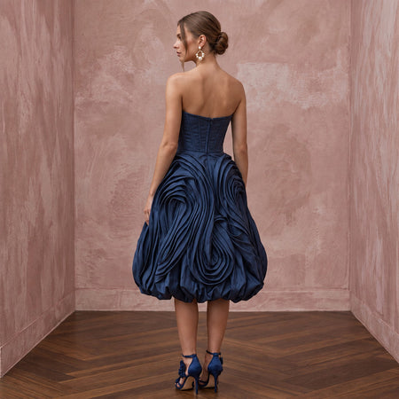 Dark Navy Taffeta Bubble Hem Strapless Cocktail Dress