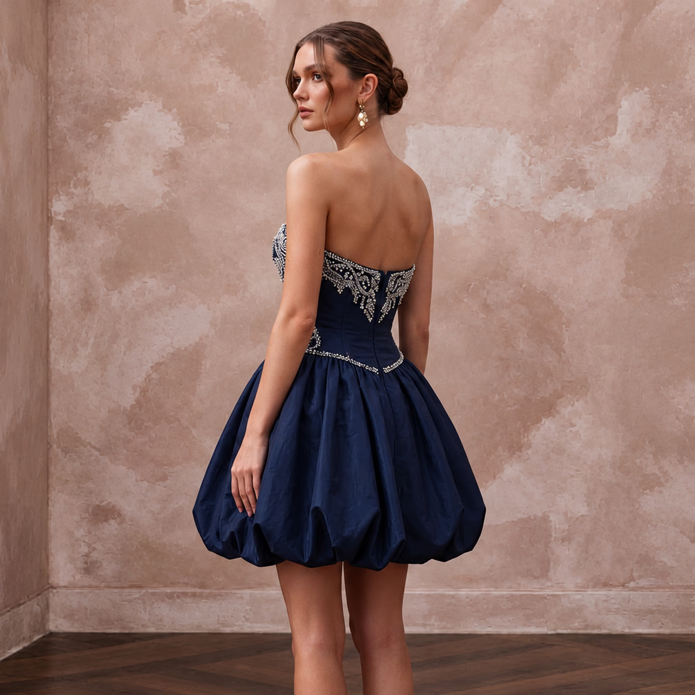 Dark Navy Taffeta Bubble Hem Strapless Cocktail Dress - Apparel & Accessories > Clothing > Wedding & Bridal Party Dresses > Wedding Dresses - Mignonette Bridal