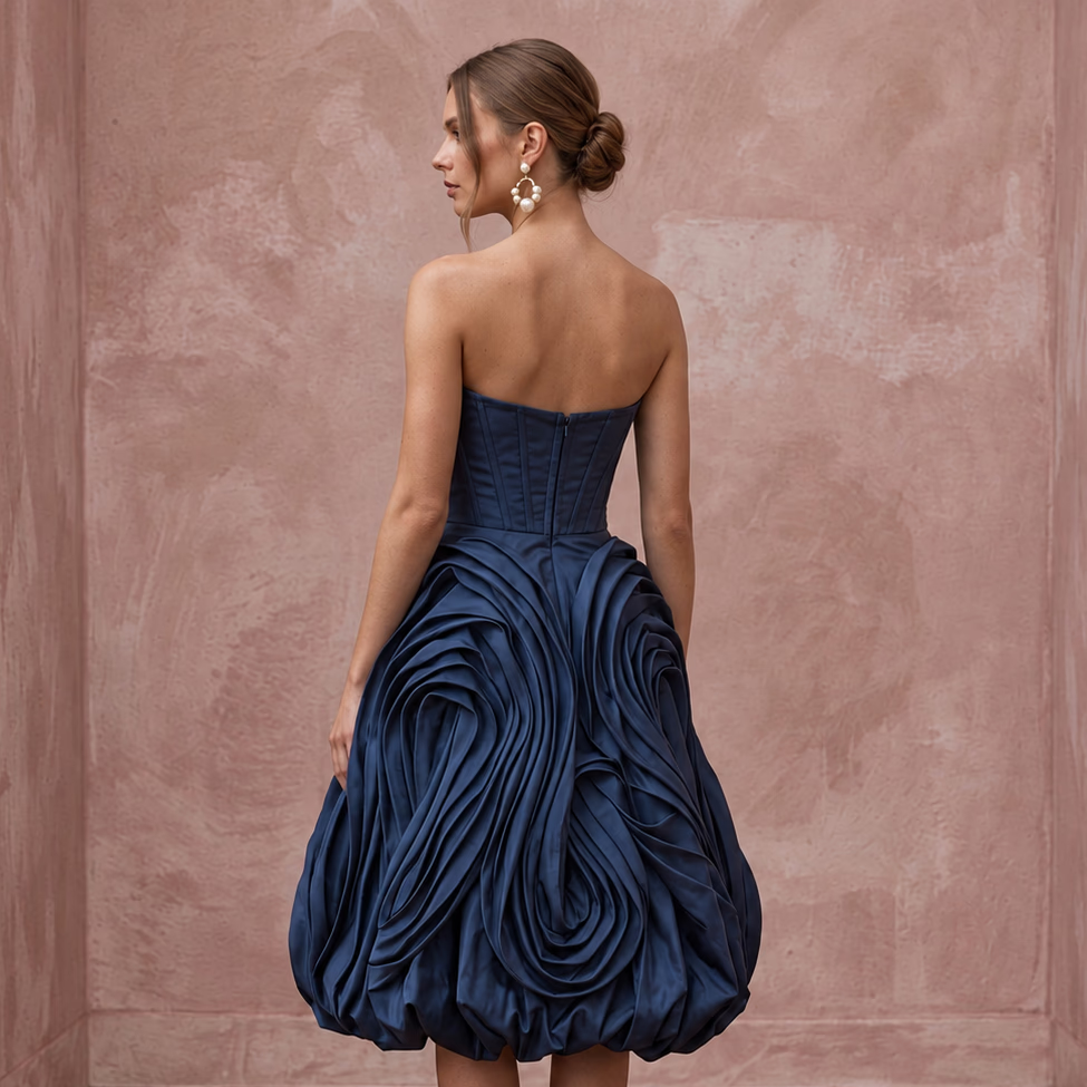 Dark Navy Taffeta Bubble Hem Strapless Cocktail Dress