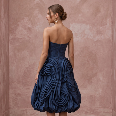 Dark Navy Taffeta Bubble Hem Strapless Cocktail Dress